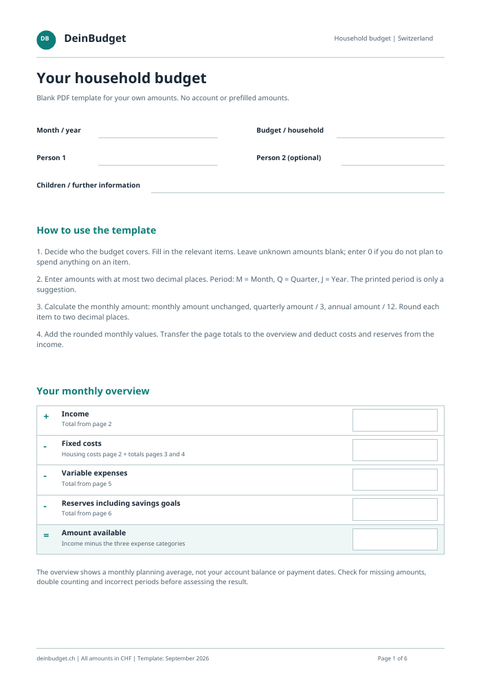 First page of blank PDF template with monthly budget summary fields