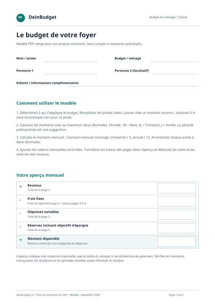 Première page d'un modèle PDF vierge avec champs de résumé du budget mensuel