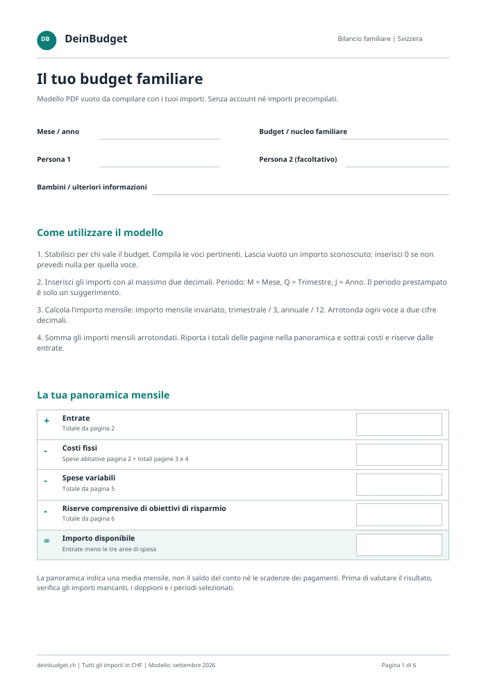 Prima pagina del modello PDF vuoto con campi di riepilogo del budget mensile
