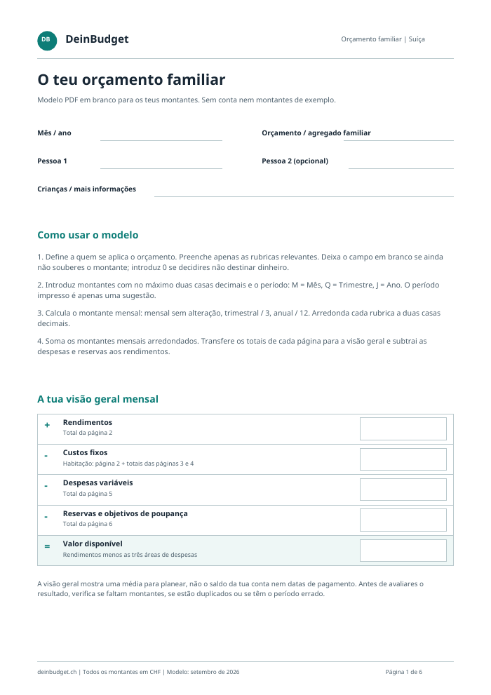 Primeira página do modelo PDF em branco com campos de resumo do orçamento mensal
