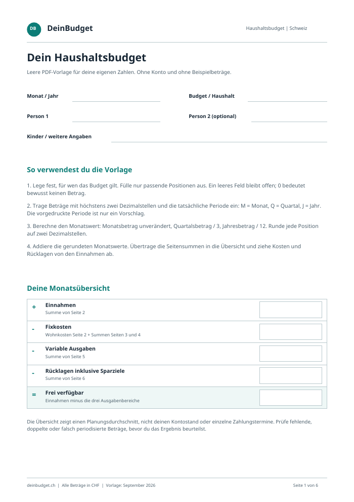 Erste Seite der leeren PDF-Vorlage mit Feldern für die monatliche Budgetübersicht